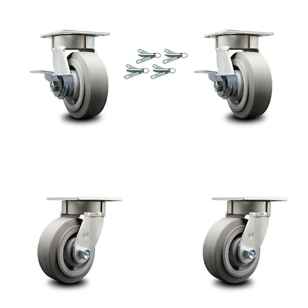 Service Caster 5 Inch Kingpinless Thermoplastic Rubber Wheel Caster Swivel Locks 2 Brakes, 4PK SCC-KP30S520-TPRRF-SLB-BSL-2-BSL-2